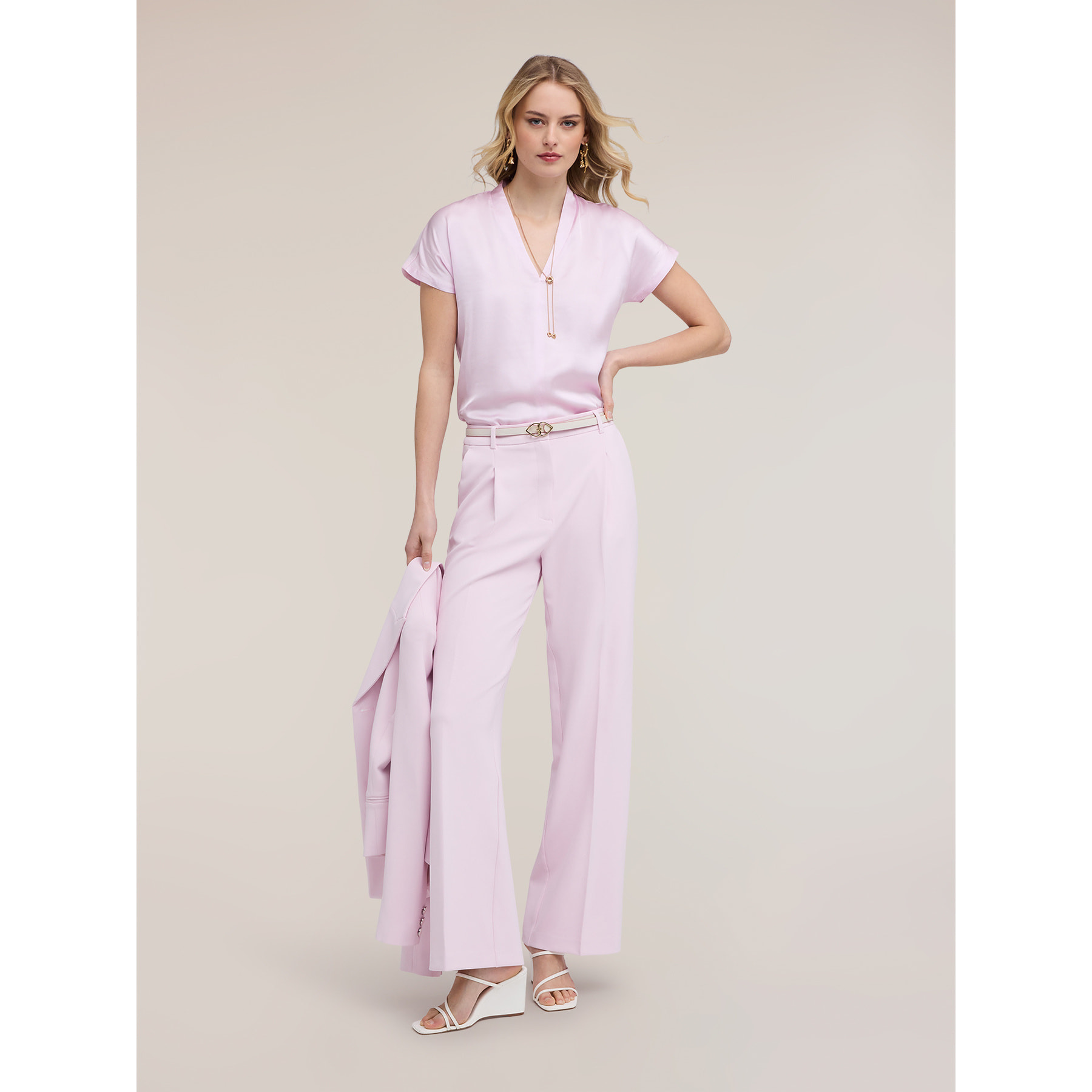 Motivi - T-shirt bimaterica con scollo a V - Rosa