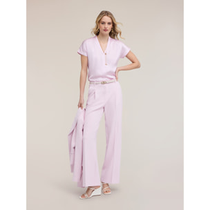 Motivi - T-shirt bimaterica con scollo a V - Rosa