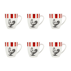 Lot de 6 mugs 35cl en porcelaine rouge et blanc COCORICO