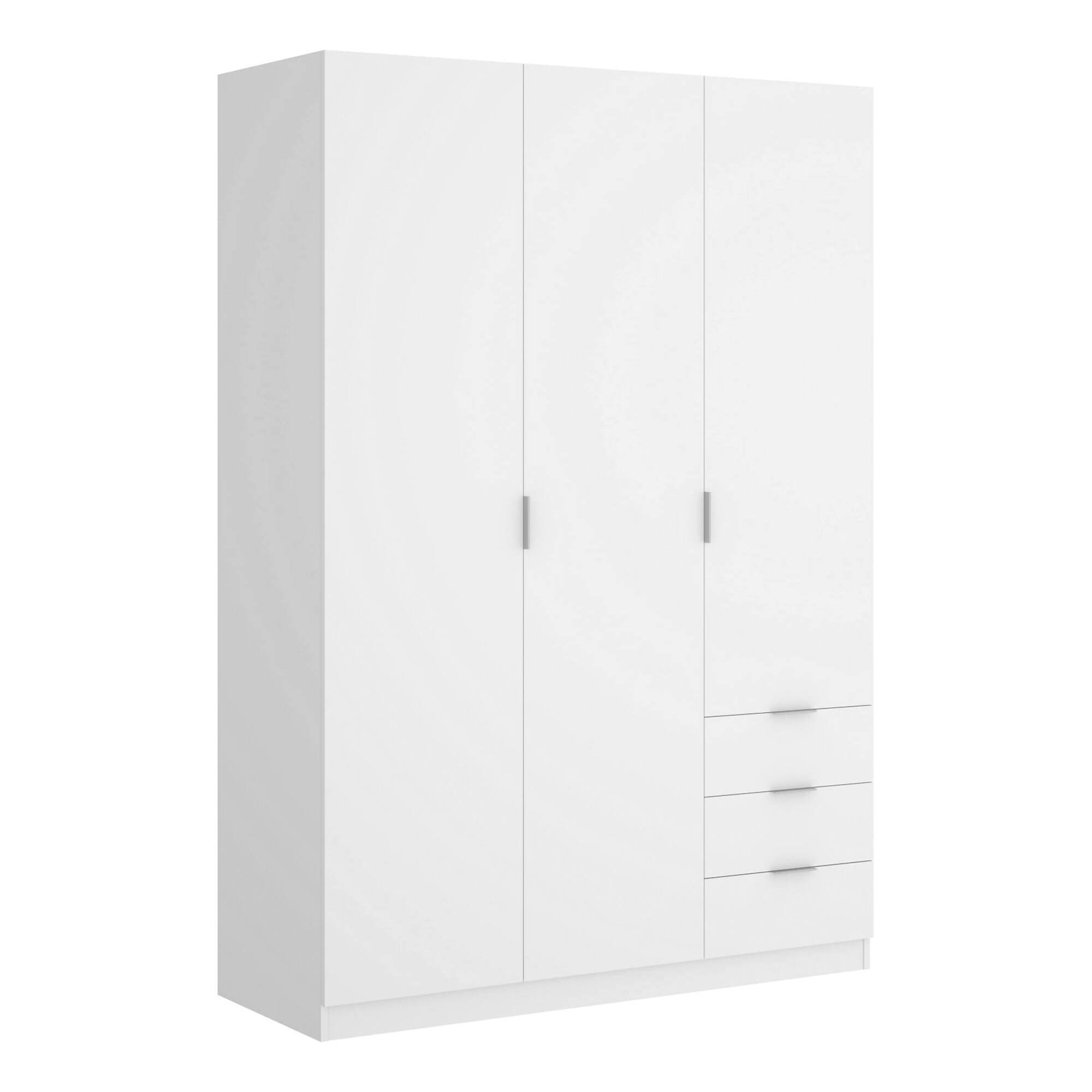 Guardaroba Cimone, Mobile appendiabiti per camera da letto, Armadio a 3 ante battenti e 3 cassetti, 121x52h184 cm, Bianco