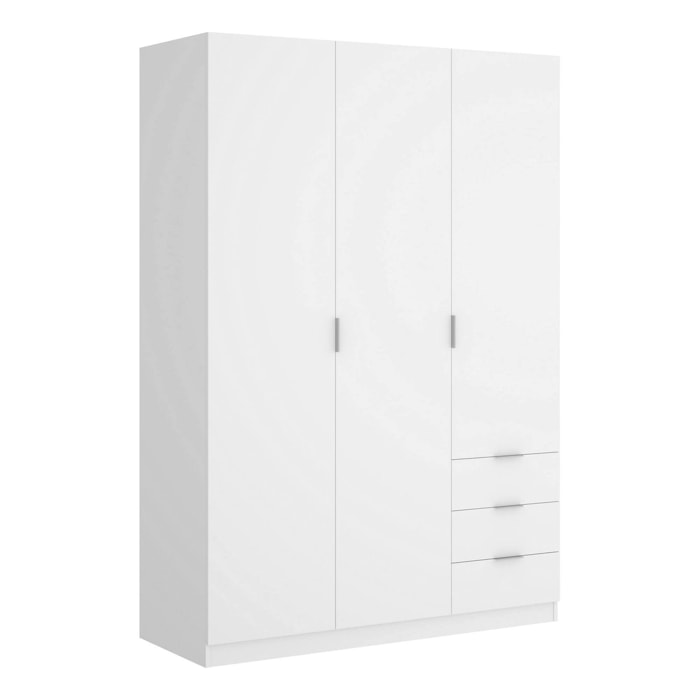 Guardaroba Cimone, Mobile appendiabiti per camera da letto, Armadio a 3 ante battenti e 3 cassetti, 121x52h184 cm, Bianco