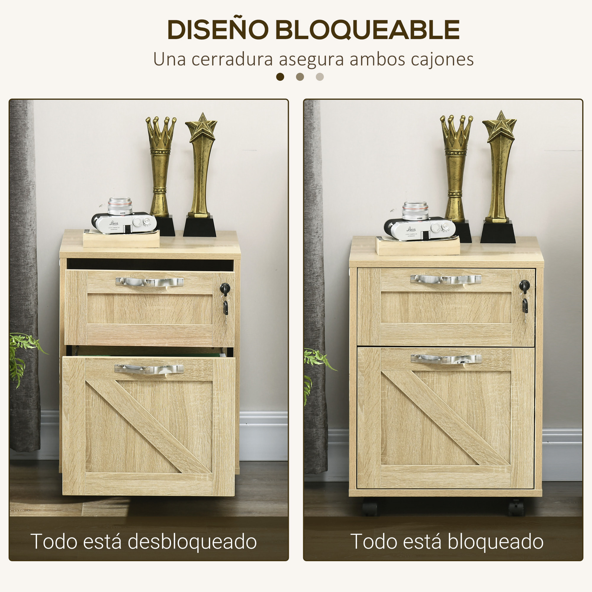 Cajonera de Oficina con 2 Cajones Cajonera con Ruedas Mueble Archivador Móvil con Cerradura y Carpetas Colgantes para Tamaño A4 41x42x56 cm Natural