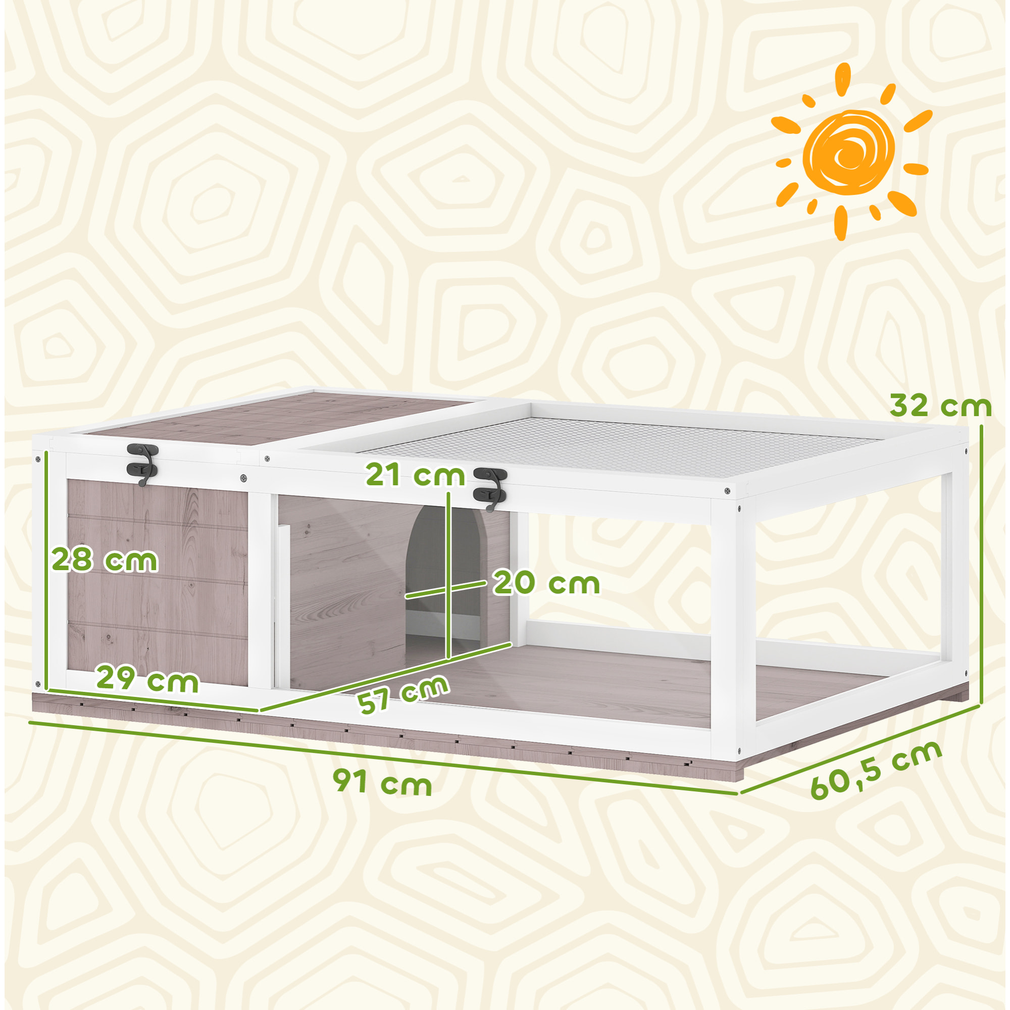 Casa para Tortugas de Madera, Terrario para Reptiles con Techo de Malla Abrible, Paneles Laterales Transparentes Extraíbles y Pestillo de Seguridad, 91x60,5x32 cm, Marrón Grisáceo