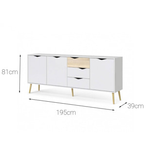 Credenza a tre a ante e tre cassetti, colore bianco e rovere, Misure 195 x 81 x 39 cm