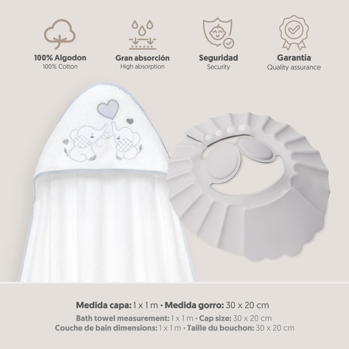 Capa Baño 1X1 Mod Parejita Elefante+Gorro Bco/Gris