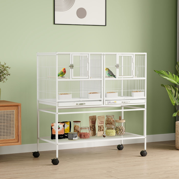 Jaula para Pájaros Grande con Divisor, Pajarera Doble con Ruedas, 4 Comederos, 4 Perchas, Estante, 2 Bandejas Extraíbles, para Periquitos, Agapornis, Canarios, 95x45,5x102 cm, Blanco