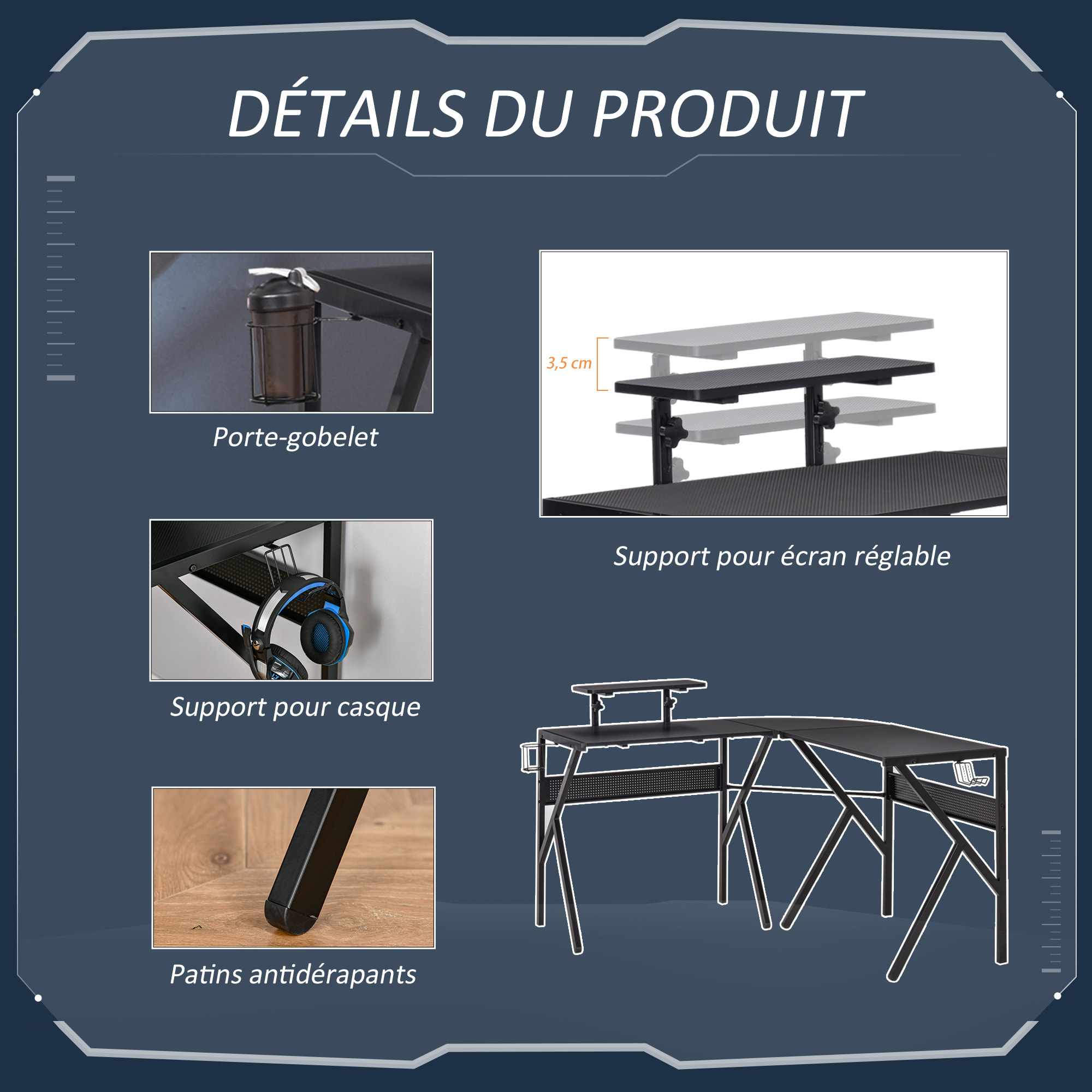 Bureau gaming d'angle bureau gamer bureau informatique bracket casque porte-gobelet étagère écran réglable métal panneaux texture carbone noir