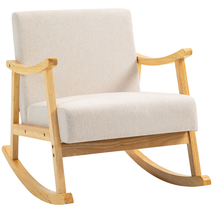 Fauteuil lounge à bascule rocking chair piètement structure bois hévéa épais coussins beige