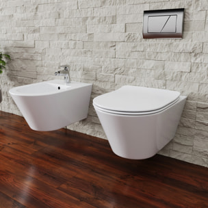 Coppia Sanitari Sospesi Vaso WC Rimless Con Tornado Flush E Bidet Sospeso Moderno Tondo In Ceramica Con Copriwater Chiusura Soft Close Bianco Lucido