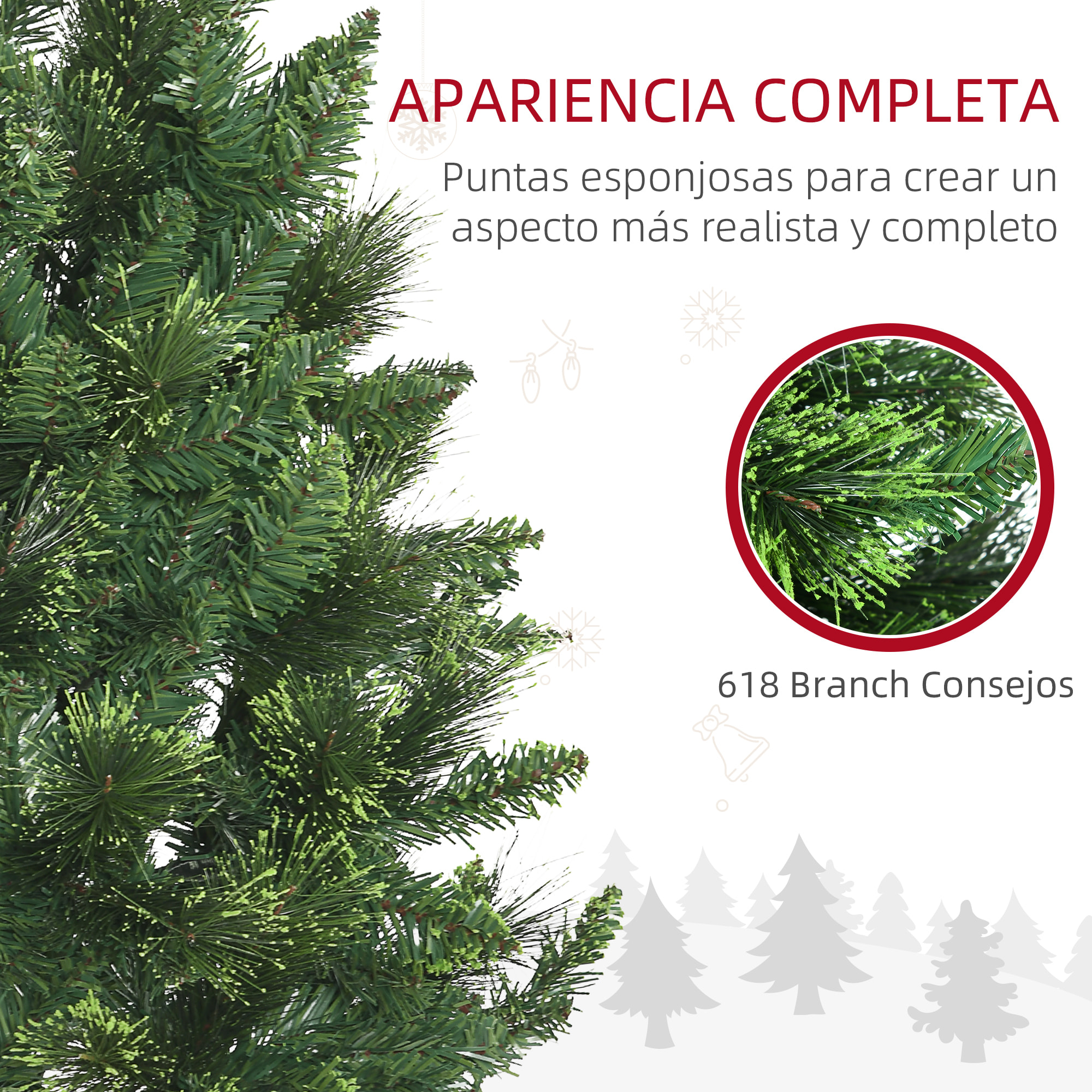 Árbol de Navidad Artificial de 180 cm Árbol Navideño con 618 Ramas Agujas de Pino Apertura Automática y Base Plegable de Acero Ø70x180 cm Verde