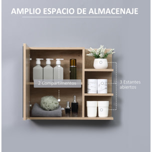 Armario de Baño con Espejo Armario con Espejo para Baño con 3 Estantes Abiertos y 1 Estante Interior Mueble para Baño Estilo Moderno 60x18x50 cm Natural