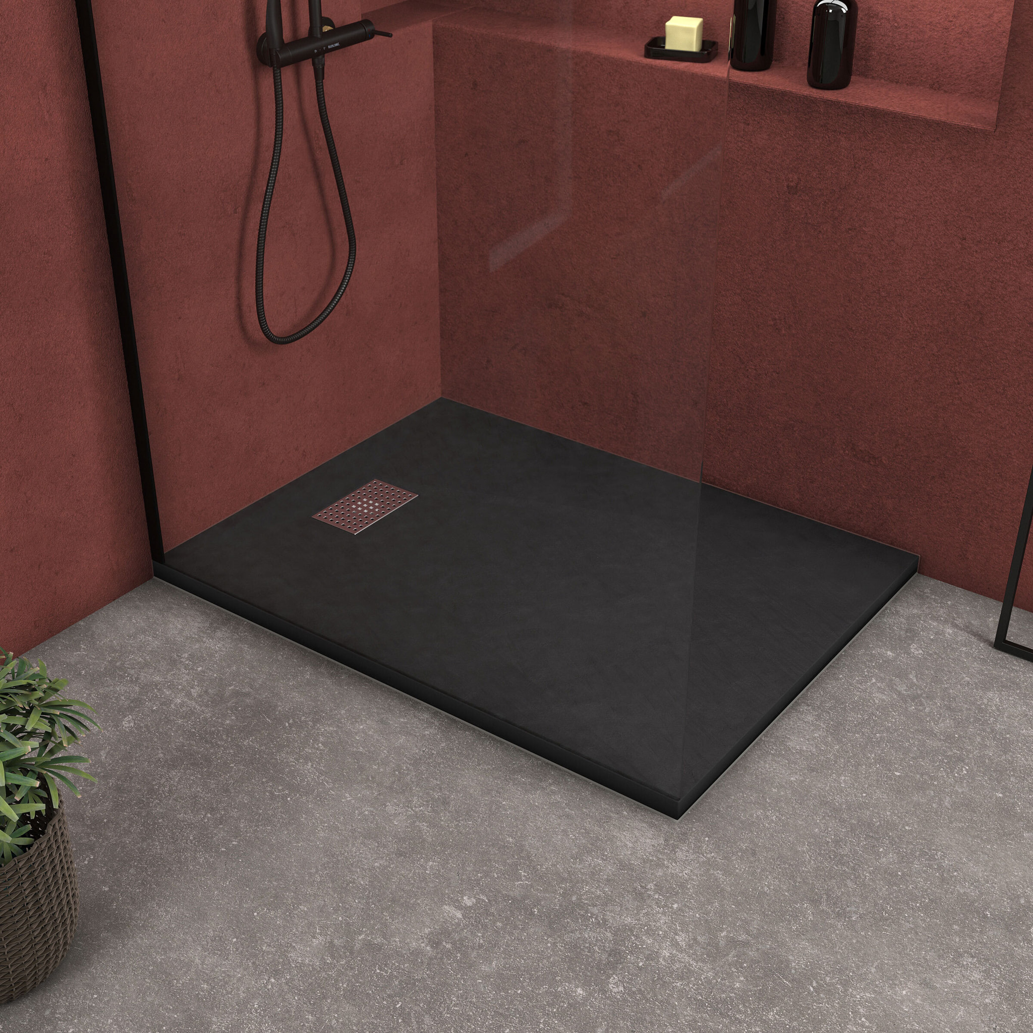 Receveur de douche Noir Effet Pierre 90x120 cm et Grille décor Perforée en Inox