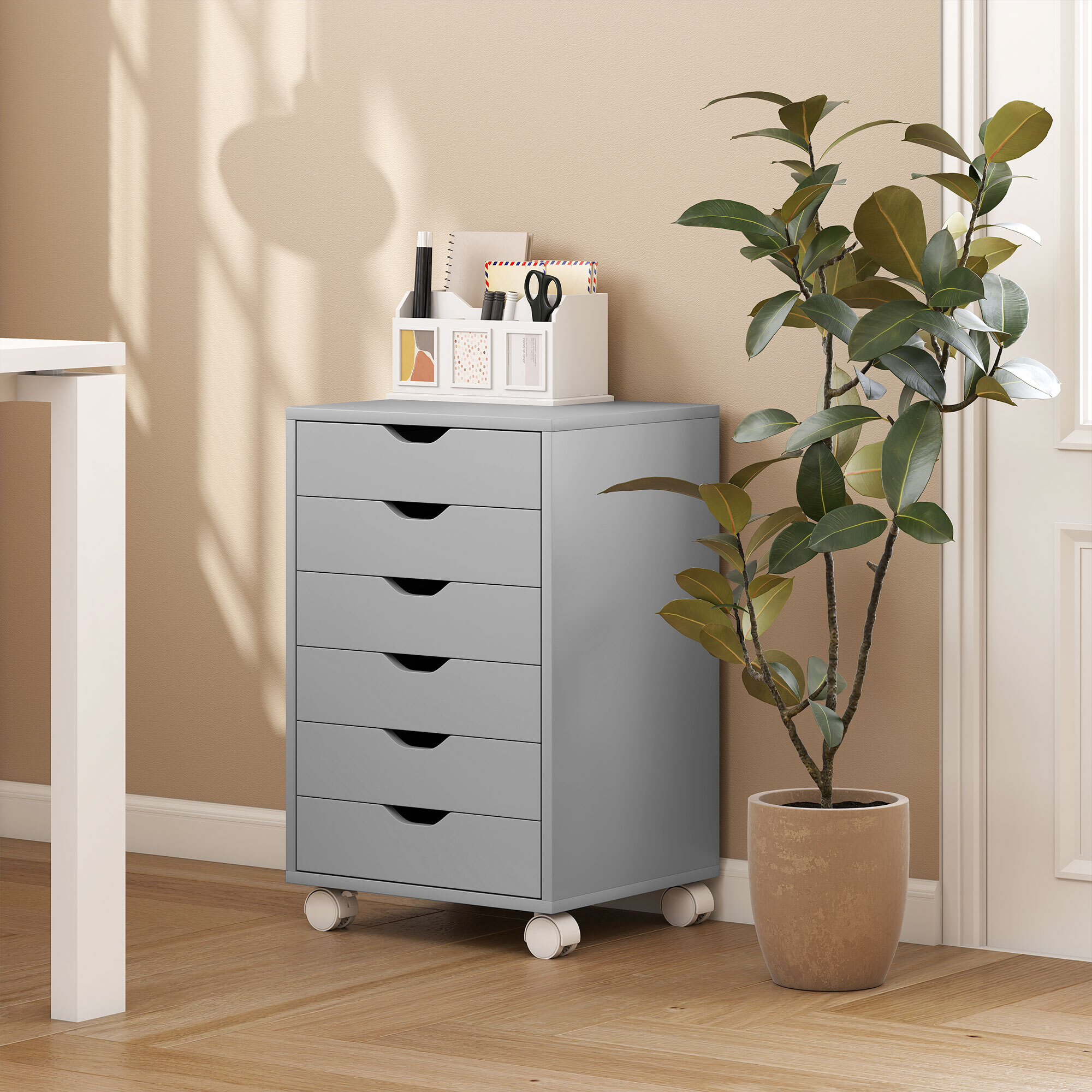 Cajonera Escritorio, Archivador Móvil con 6 Cajones, Soporte para Impresora con Ruedas, Guías Deslizantes Silenciosas, para Oficina, Casa, Gris