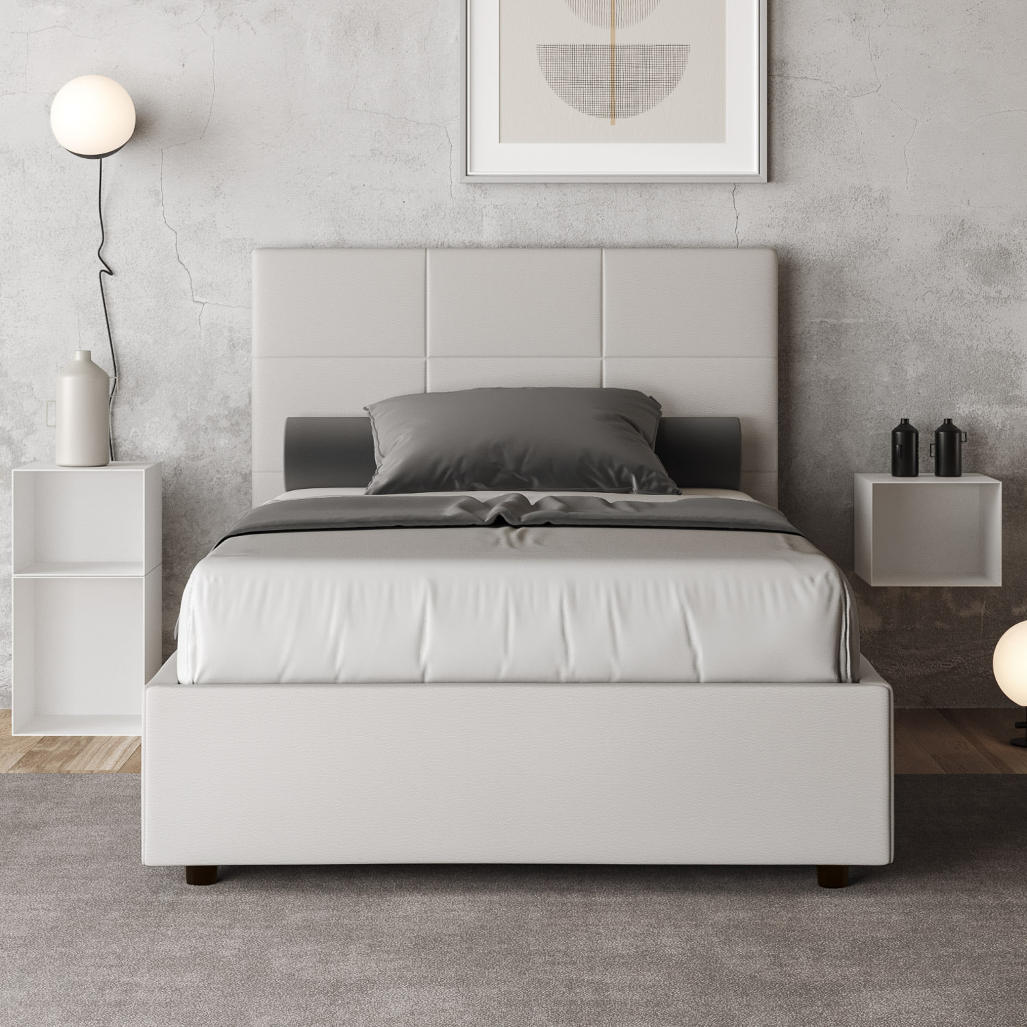 Cama con almacenaje acolchada 120x190 cuero sintético blanco Mika