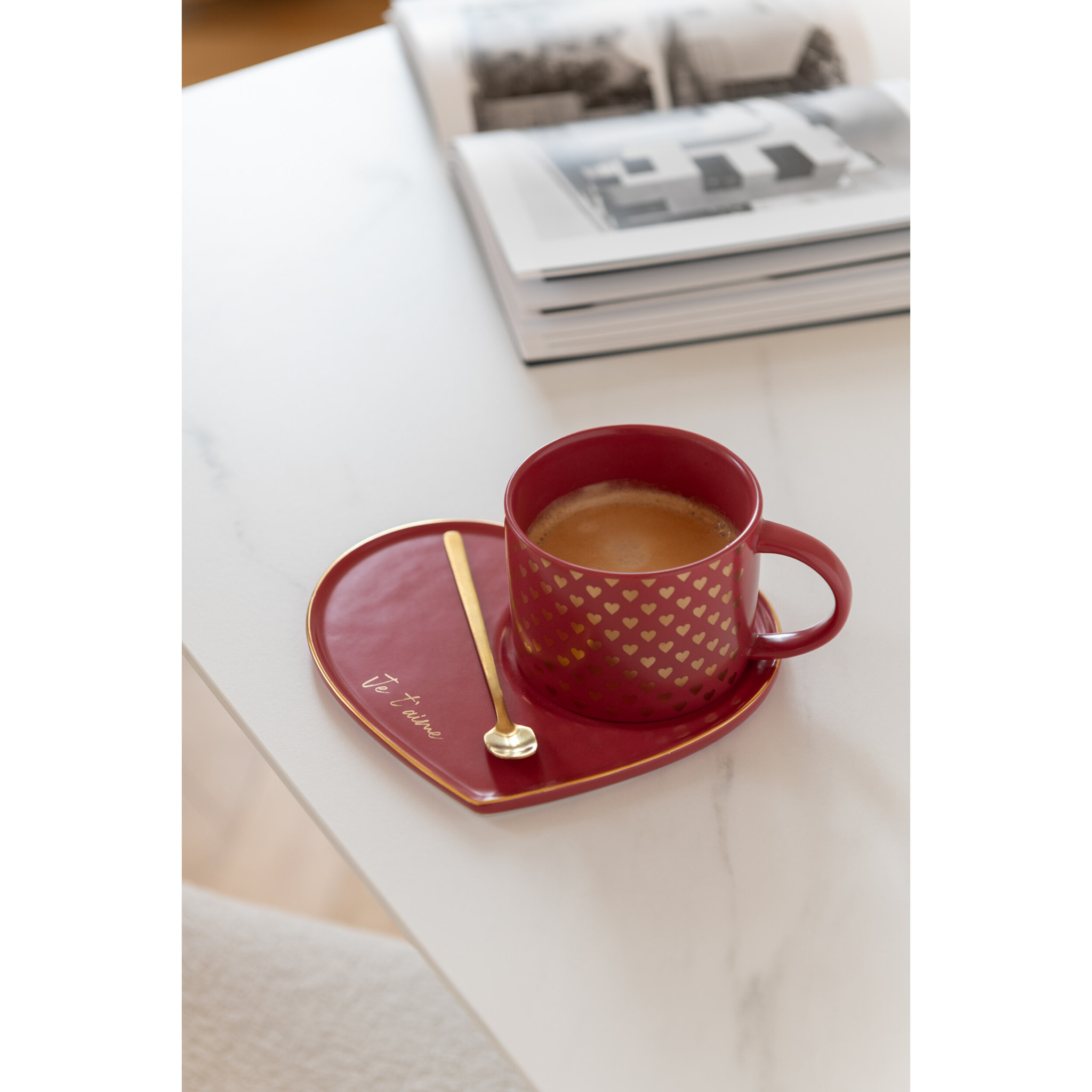 J-Line tasse + sous-tasse + cuillière Coeur - céramique - rouge