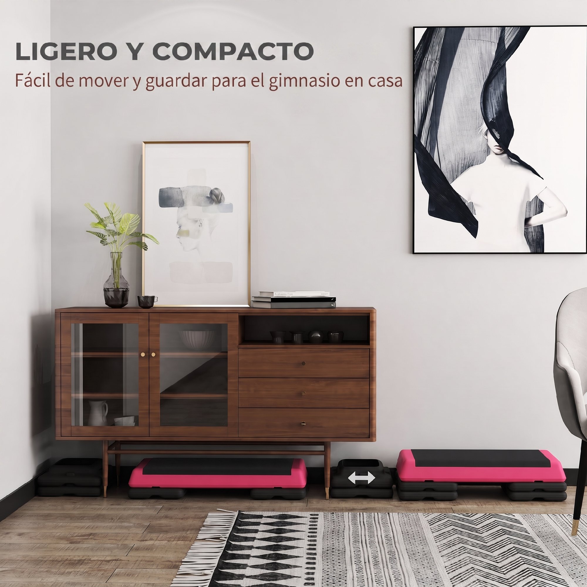 Step de Aeróbic, Step para Fitness Antideslizante, Altura Regulable 3 Niveles de 10,5/15,5/20,5 cm, Carga 250 kg, para Ejercicio en Casa, Gimnasio, 77x36x20,5 cm, Rosa y Negro