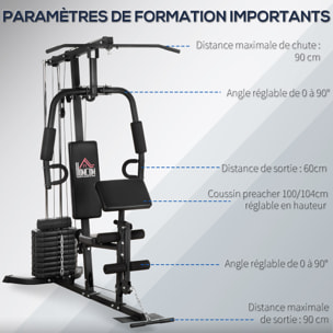 Station de musculation - entrainement complet - développé couché, butterfly, barre latissimus, curler, bande résistance - 9 contrepoids - acier noir