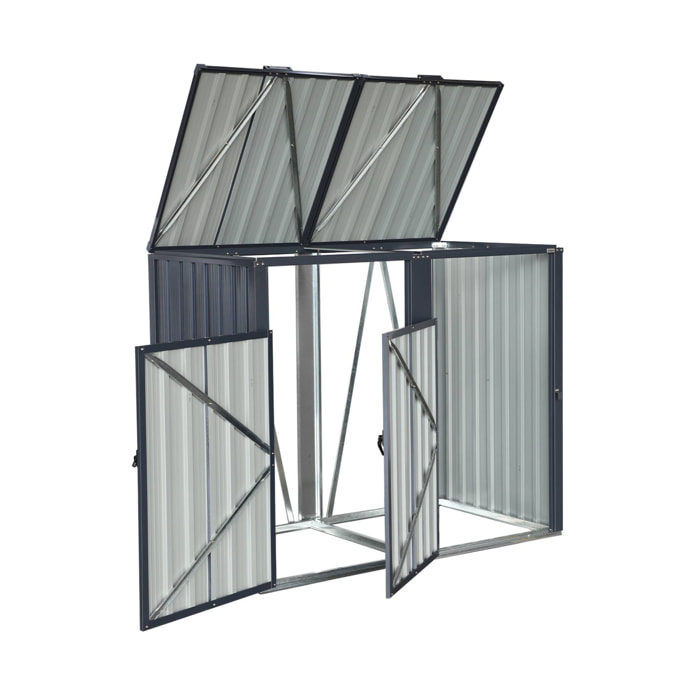 Cache poubelle gris en acier galvanisé. 2 places L 146 x P 82 x H 124 cm