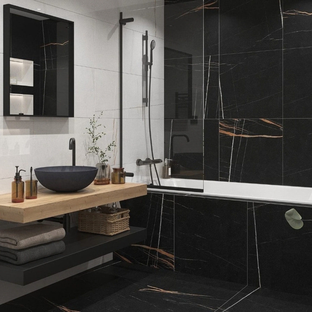 Set de douche style industriel - 3 fonctions, débit 7 l/min - tuyau flexible 70 cm, garantie 5 ans - noir mat