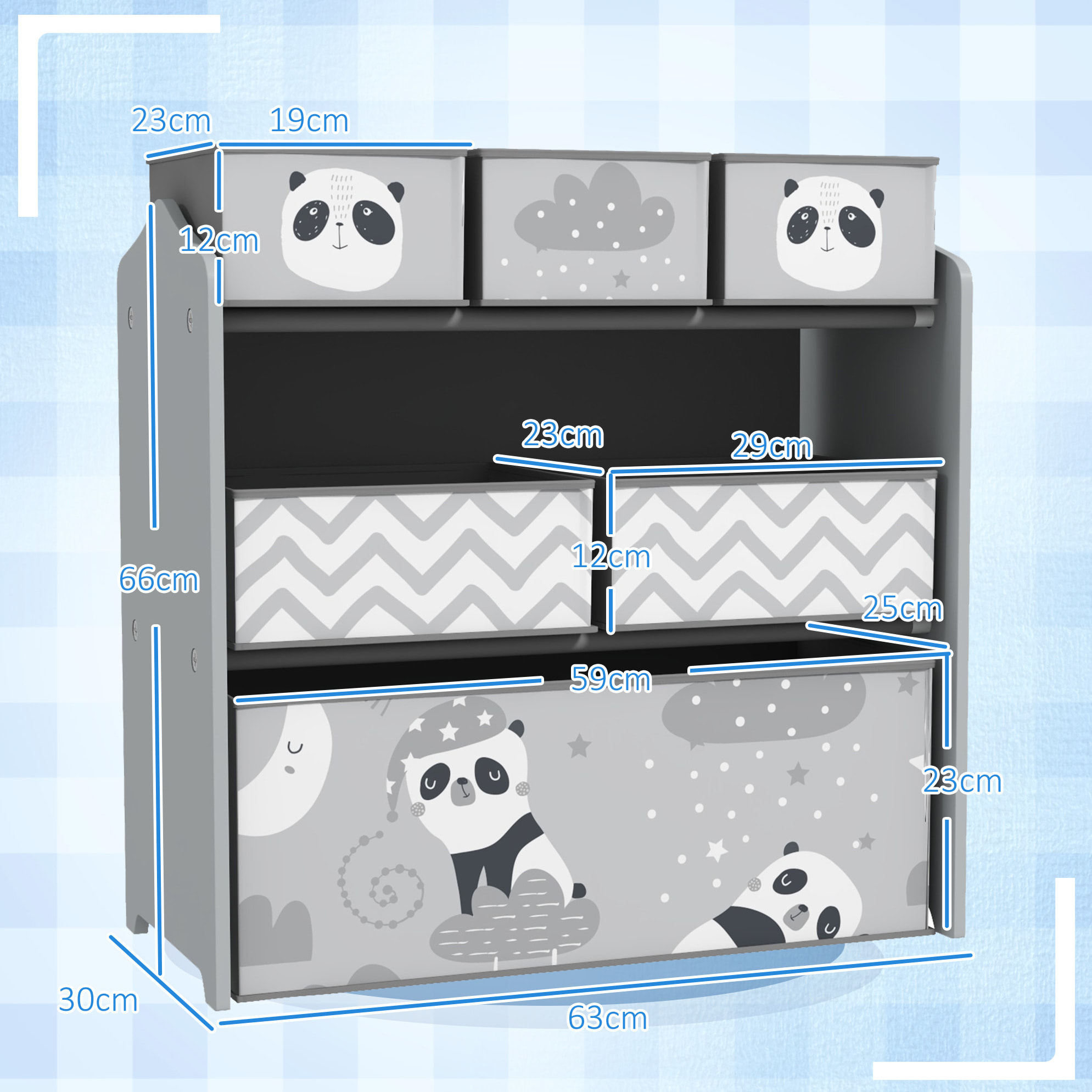 Étagère de rangement enfant design night panda - 6 tiroirs - MDF tissu non tissé - gris