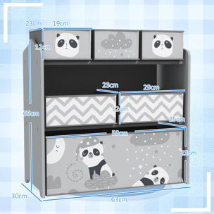 Étagère de rangement enfant design night panda - 6 tiroirs - MDF tissu non tissé - gris