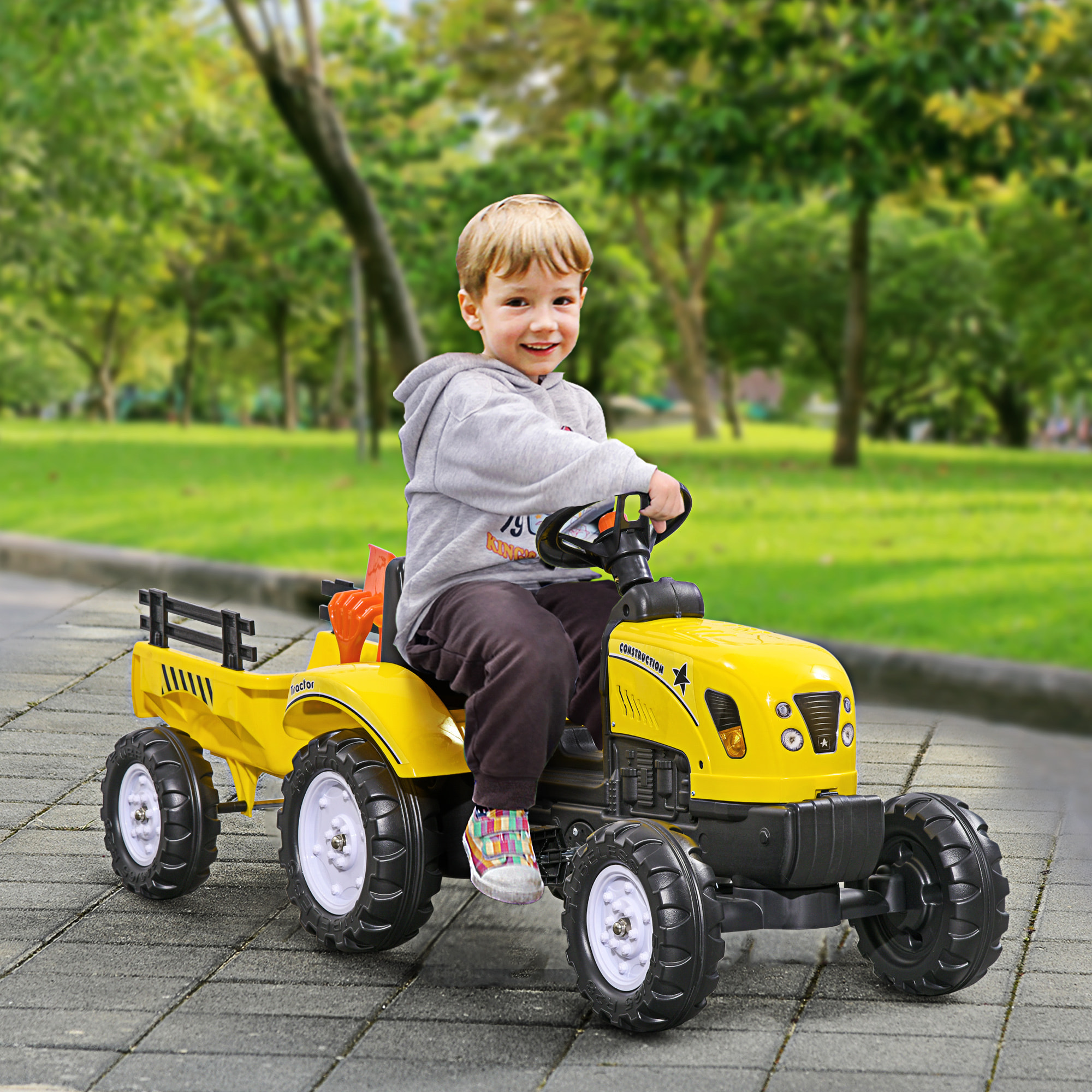 Tractor a Pedales para Niños de 3 Años con Remolque Juguete de Montar Coche de Pedales Carga 35 kg 133x42x51 cm Amarillo