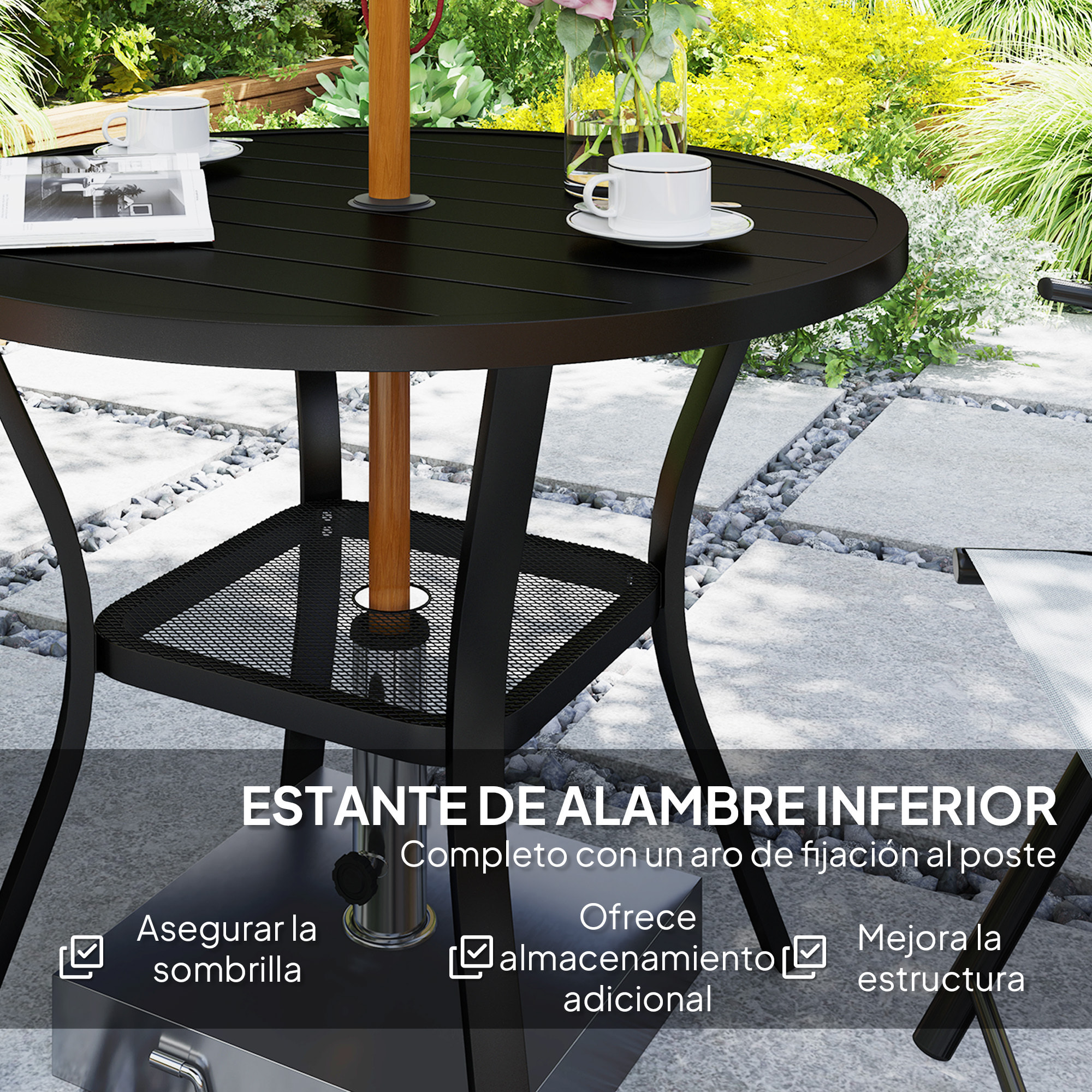 Mesa de Jardín Exterior con Orificio para Sombrilla Mesa de Comedor Exterior Redonda con Encimera de Metal Estante Inferior y Estructura de Acero para Patio Terraza Ø90x73 cm Negro