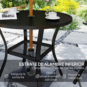 Mesa de Jardín Exterior con Orificio para Sombrilla Mesa de Comedor Exterior Redonda con Encimera de Metal Estante Inferior y Estructura de Acero para Patio Terraza Ø90x73 cm Negro