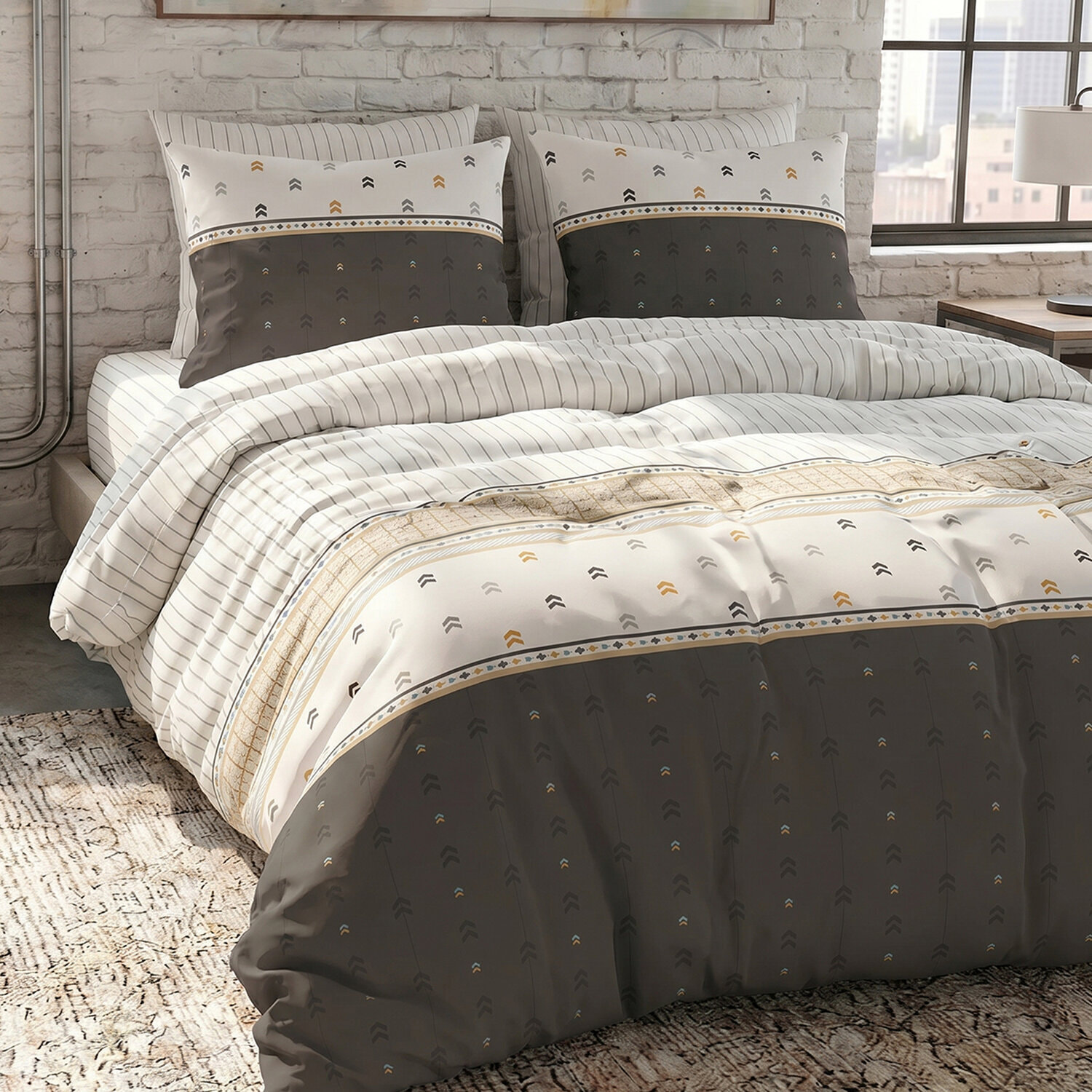 Parure housse de couette 240x220 cm imprimée graphique + 2 taies 100% Coton - AVEN