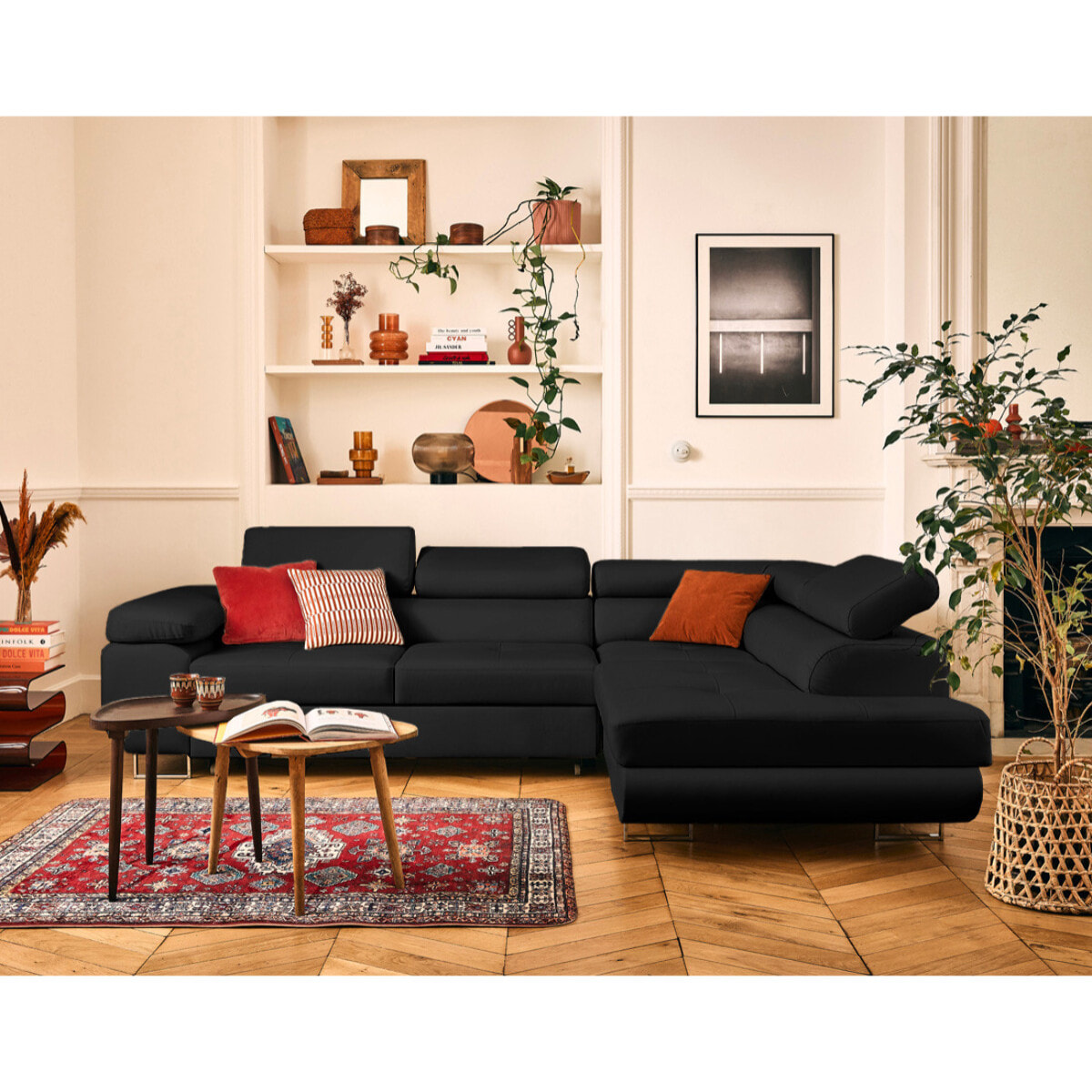 Zaria - canapé d'angle droit 5 places convertible avec coffre et têtières en simili - Noir