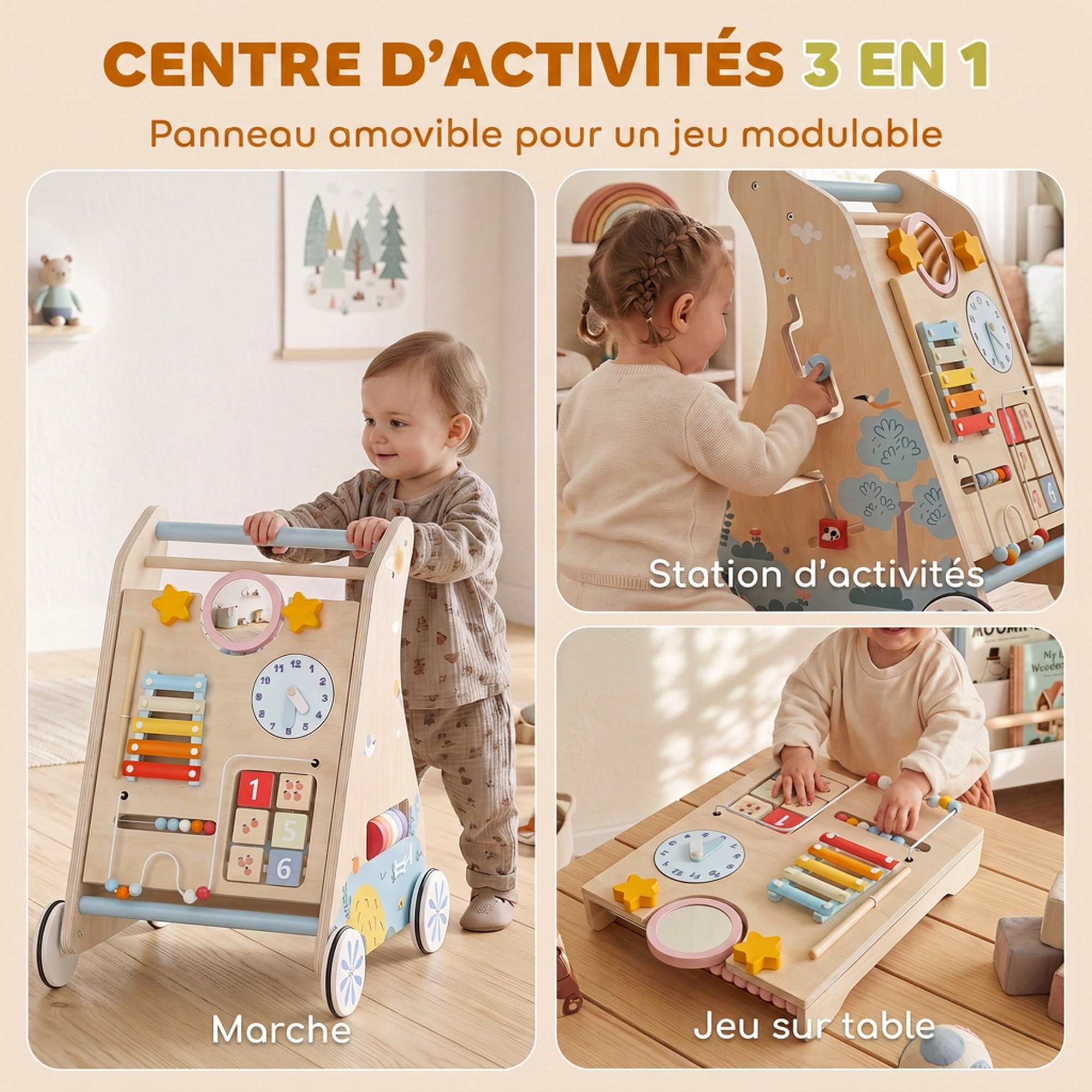Chariot de marche en bois trotteur bébé avec tableau d'activités