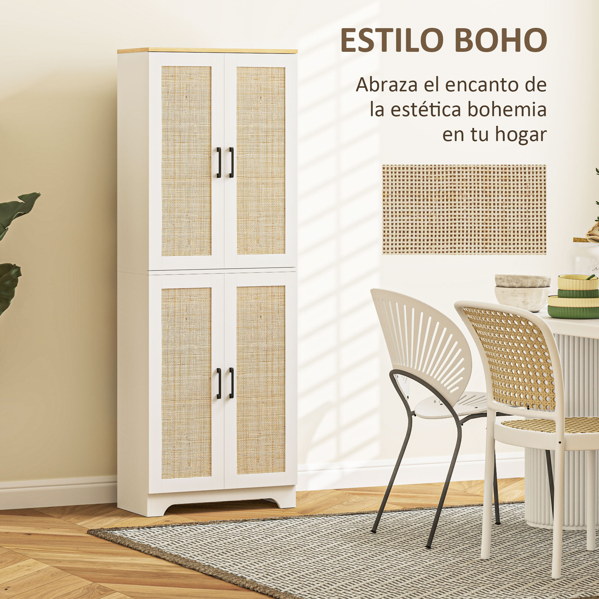 Alacena de Cocina Aparador de Cocina Mueble Auxiliar de Cocina con Estantes Ajustables Puertas de Ratán y Sistema Anti-vuelco 60x30x170 cm Blanco