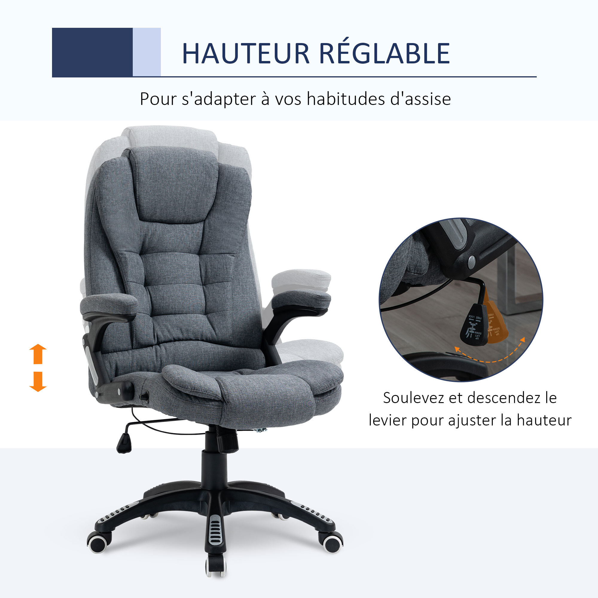 Vinsetto Fauteuil de bureau direction ergonomique hauteur réglable dossier inclinable toile de lin gris chiné