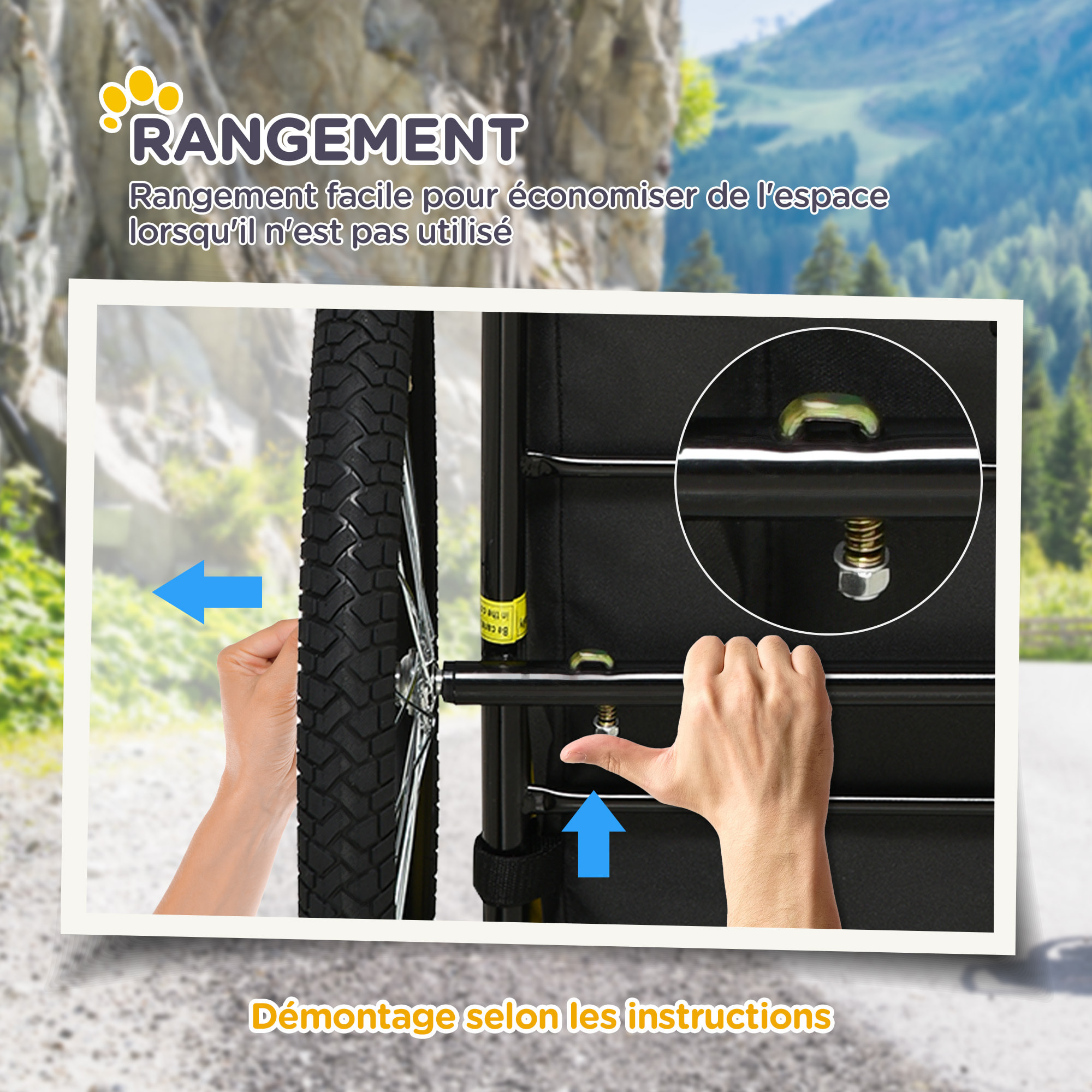 Remorque vélo pour chien 20 Kg pliable barre attelage fixation réflecteurs drapeau jaune