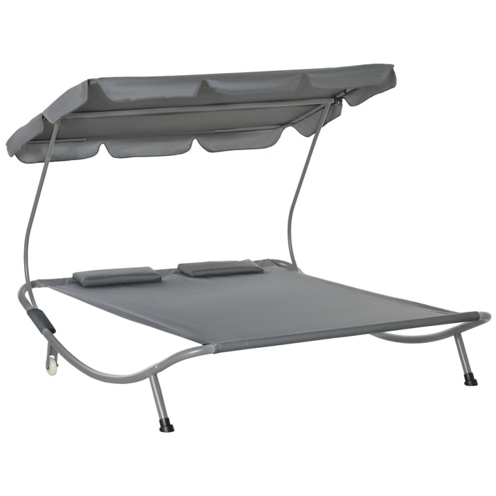Tumbona Doble de Jardín con Toldo Ajustable Tumbona de Jardín Exterior con 2 Cojines para 2 Personas Tumbona de Piscina con 2 Ruedas 200x175x134 cm Gris