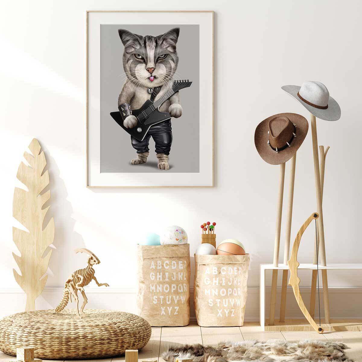 Affiche enfant chat en métal lourd  Affiche + cadre en bois - Chêne