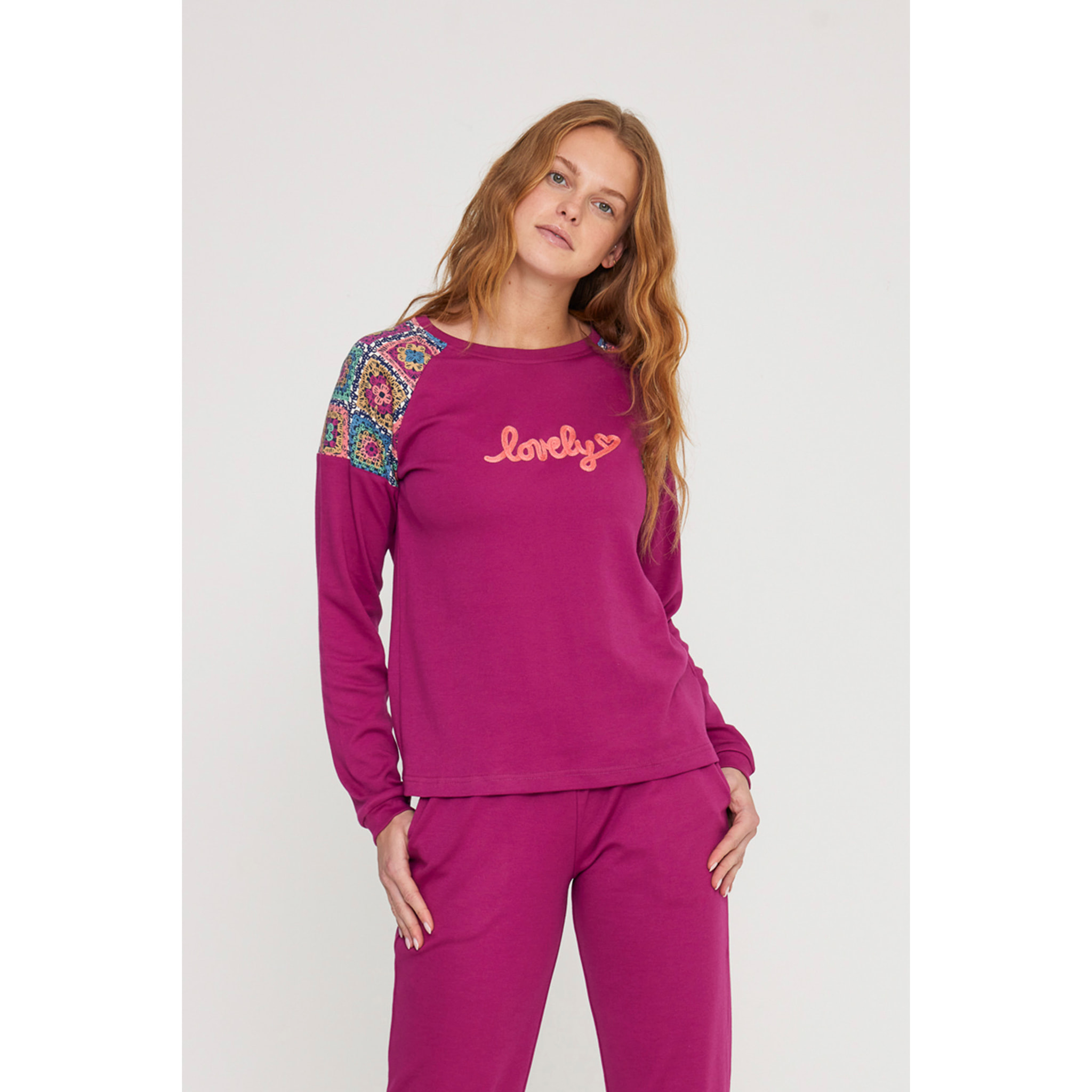 Pigiama donna folk in caldo cotone felpato girocollo Noidinotte