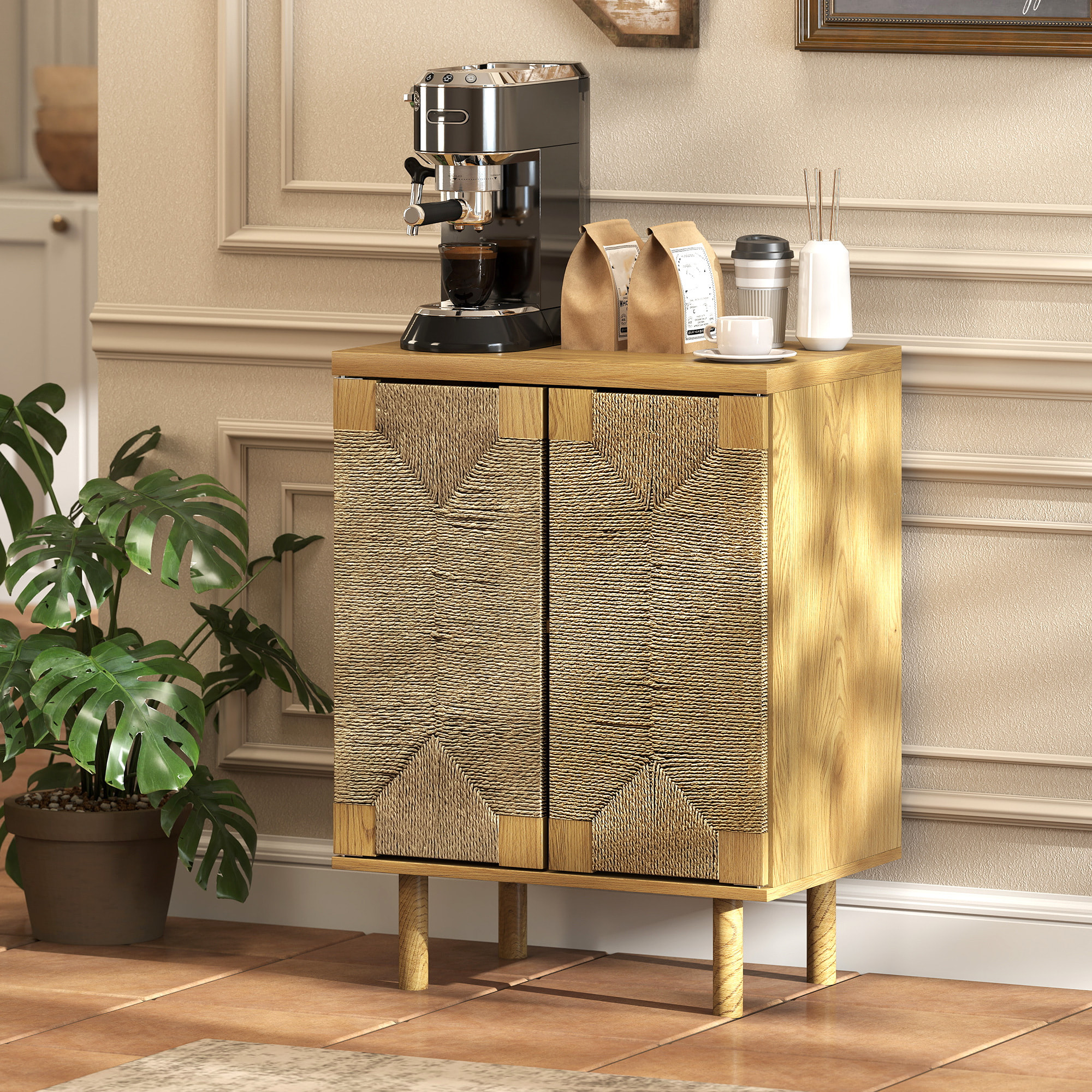 Aparador Bohemio de 2 Puertas con Cuerda Tejida a Mano, Aparador de Salón con Estante Ajustable, Apertura por Presión, Patas de Madera, Roble, 60x40x78 cm