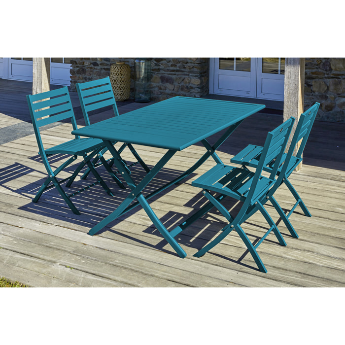 MARIUS - Ensemble repas de jardin 4 places en aluminium bleu canard