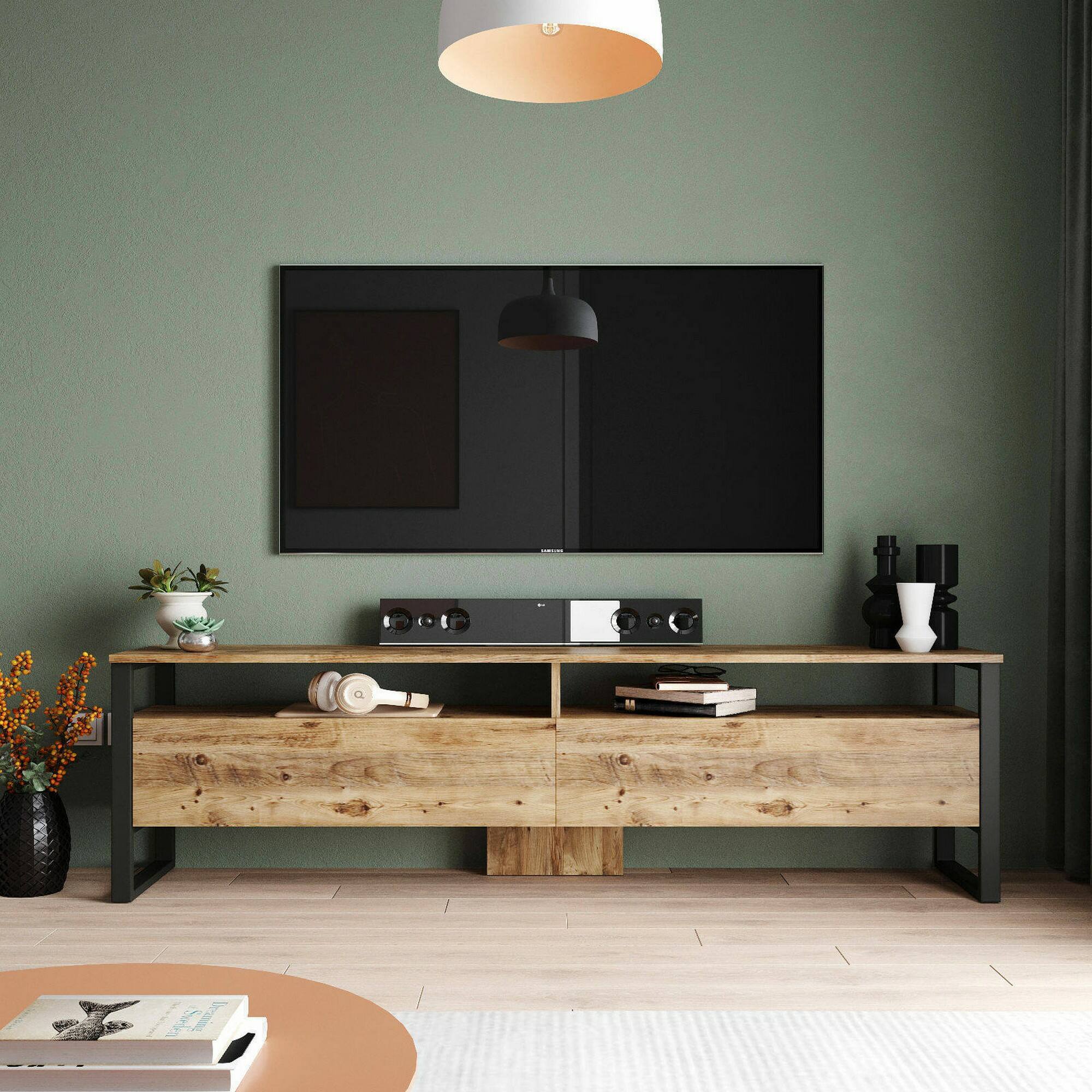 Mobile porta TV Khartum, Credenza da soggiorno, Armadio basso per TV, Base parete attrezzata, 180x36h56 cm, Quercia
