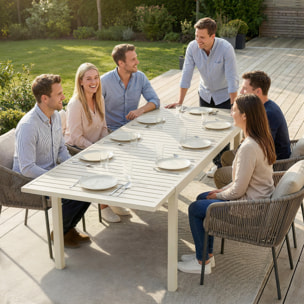 Mesa de Jardín Extensible 150/225x85x75 cm, Mesa de Comedor Exterior Extensible Rectangular de Aluminio, con Tablero de Listones para 6-8 Personas, para Patio, Terraza, Blanco