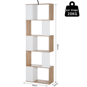 Bibliothèque étagère meuble de rangement design contemporain en S 5 étagères 60L x 24l x 185H cm coloris chêne blanc