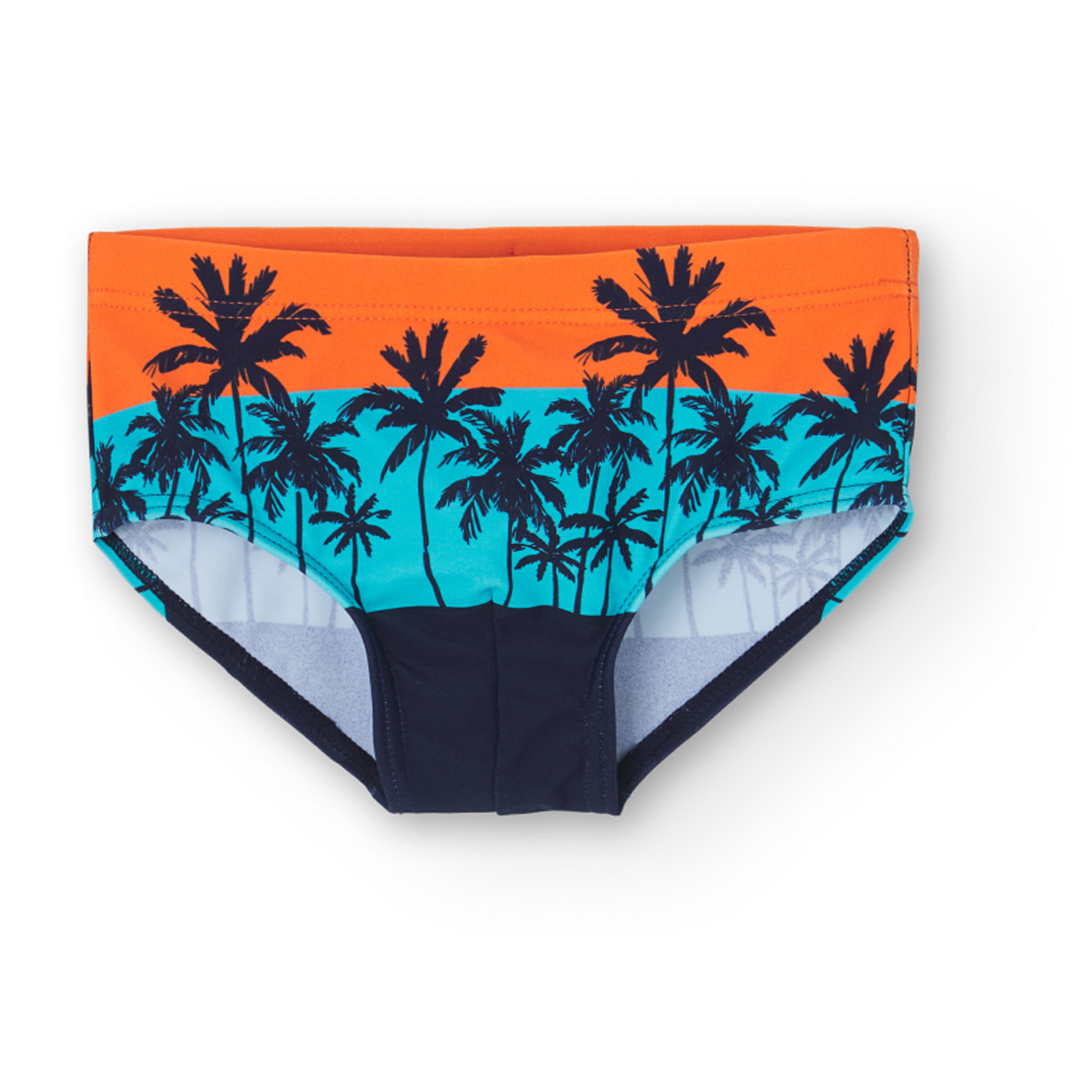 Bañador slip niño estampado, palmeras, naranja