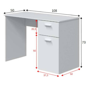 Scrivania Mckinney, Scrittoio multifunzione con 1 cassetto e 1 anta, Tavolo da studio o ufficio porta PC, 108x50h73 cm, Bianco