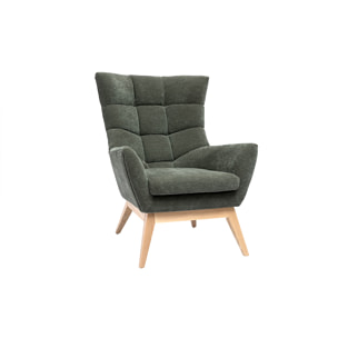 Fauteuil scandinave en tissu effet velours vert kaki et bois clair BRODY