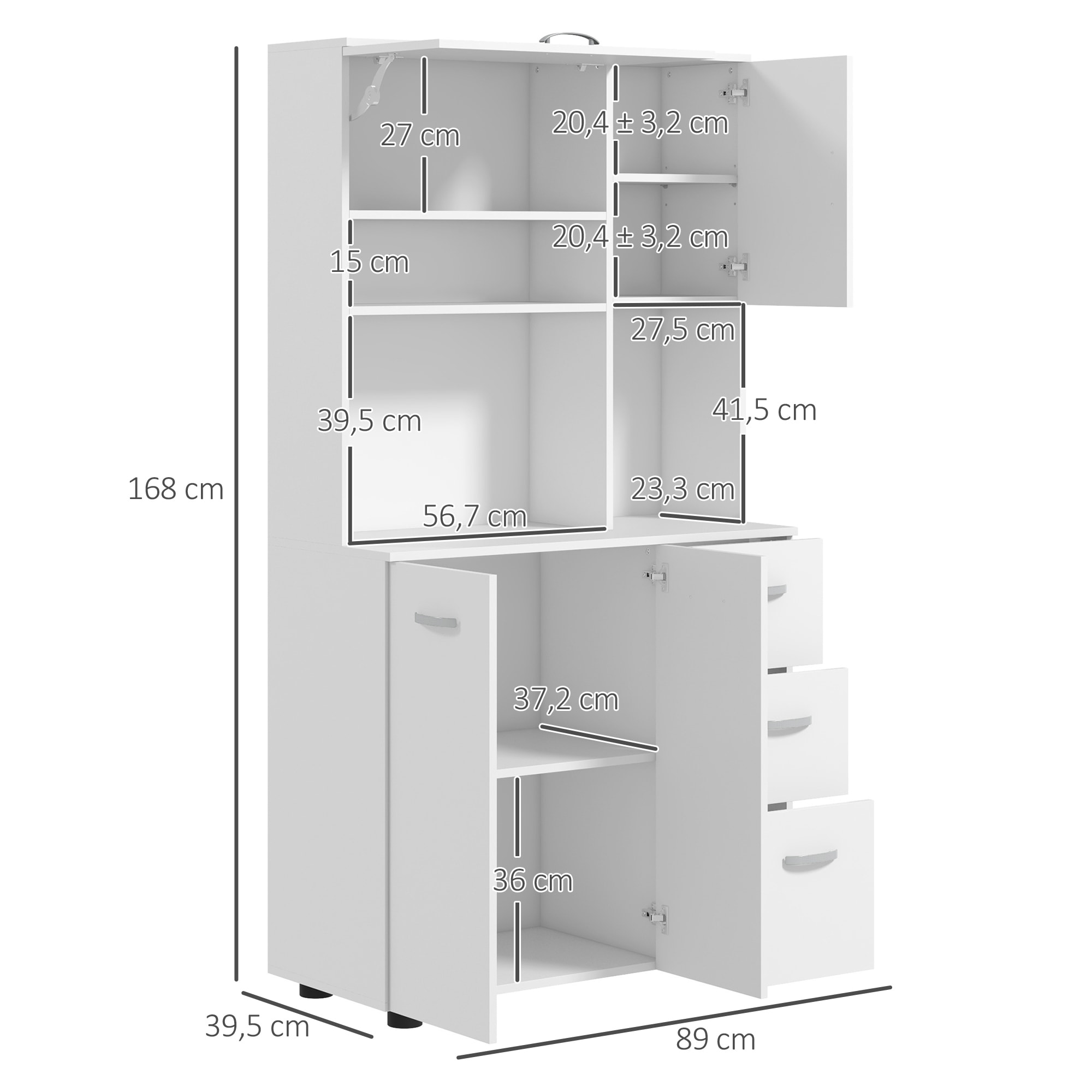 Armoire de Cuisine Buffet Multi-rangements 4 Portes 3 tiroirs étagère + Grand Plateau 89L x 39,5l x 168H cm Blanc