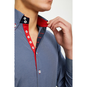 Camicia Uomo 2 Bottoni Button Down 7 Bottoni Slim Cotone Poliestere Riga Stretta Blu\Bianco