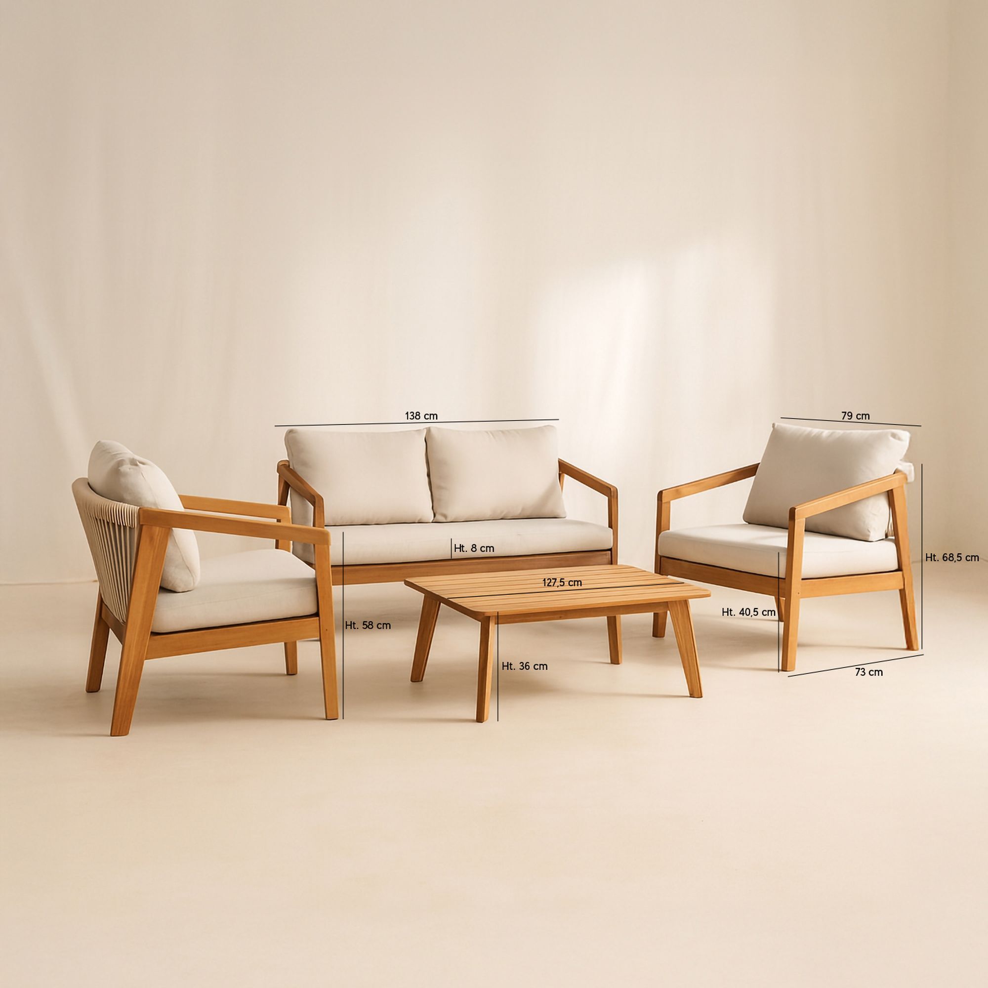 Salon de jardin 4 places en bois d'acacia et coussins beige FIDJI