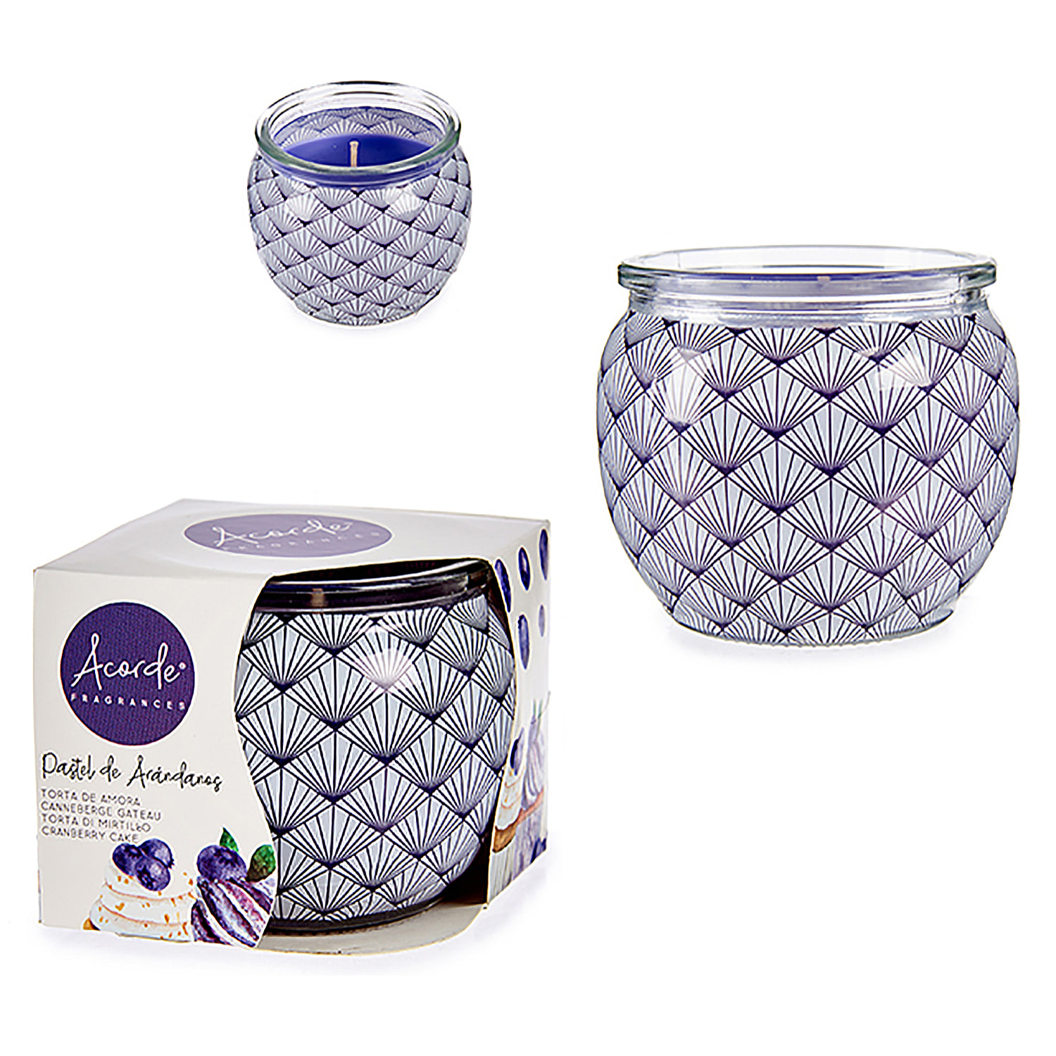 Vela perfumada en tarro de cristal olor a tarta de arándanos.