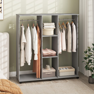 Armoire penderie meuble de rangement mobile 6 roulettes 120L x 40l x 128H cm panneaux de particules aspect bois gris